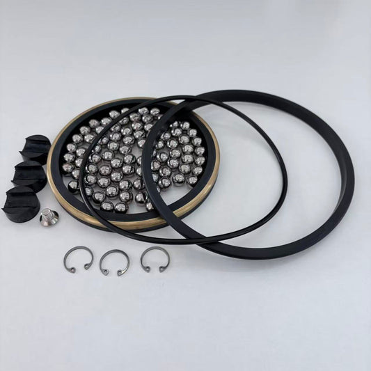 4 in Forum-style swivel joint repair-kit rings, balls and retaining hardware arranged on a white background.