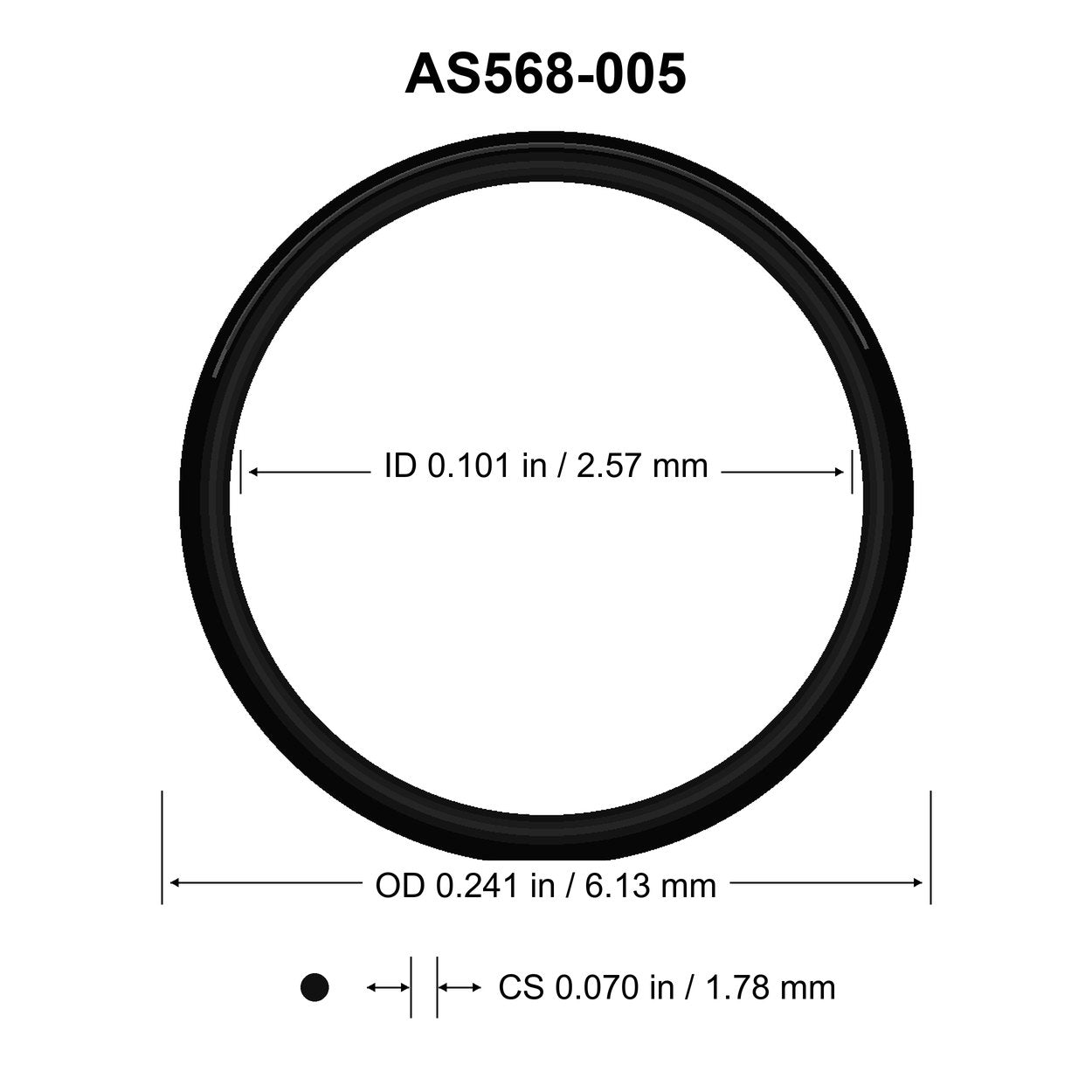 AS568-005 O-Ring – 0.101 in ID × 0.070 in CS – dimensional diagram showing ID, OD and cross-section