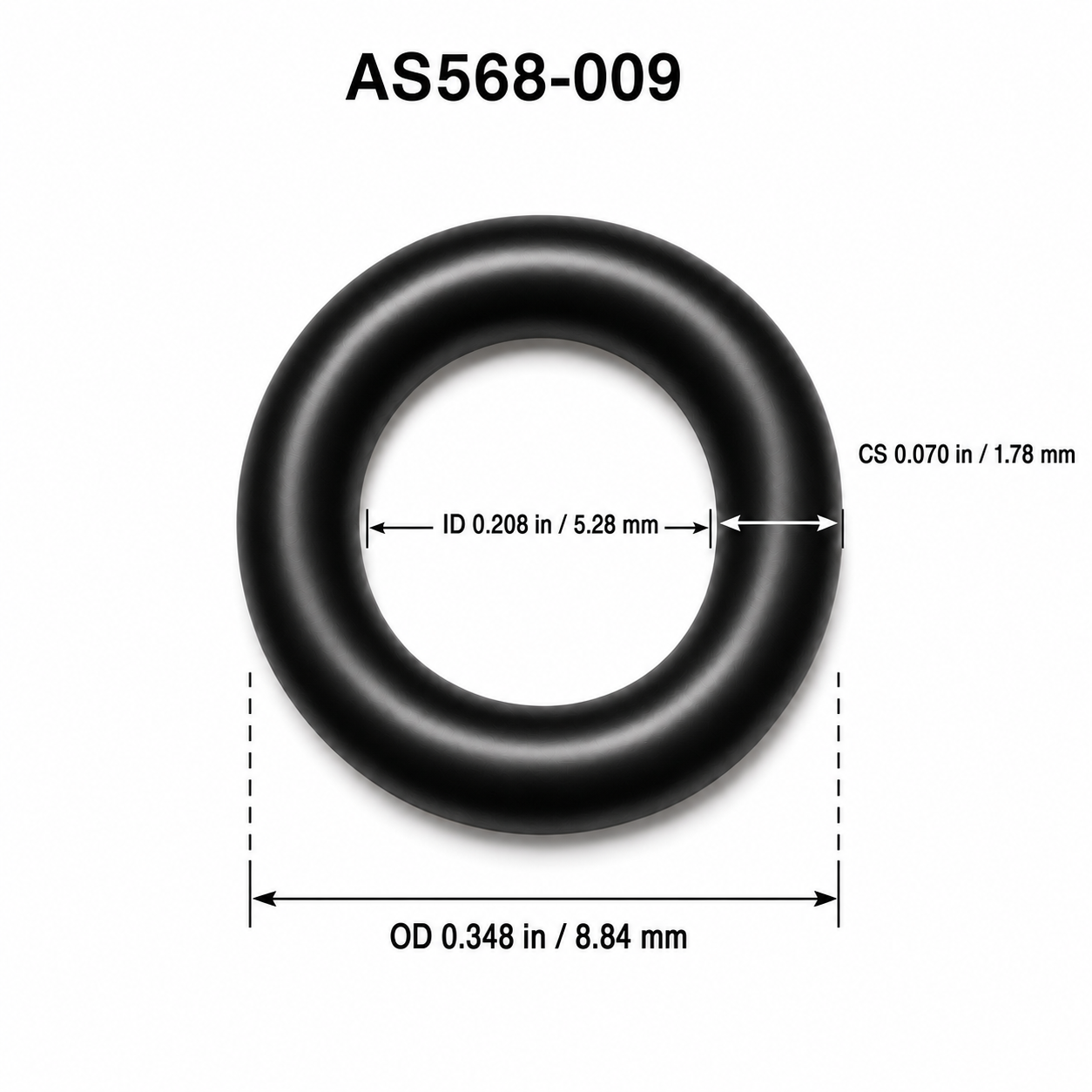 AS568-009 smooth O-ring dimensions: 5.28 mm ID, 1.78 mm cross section, 8.84 mm OD