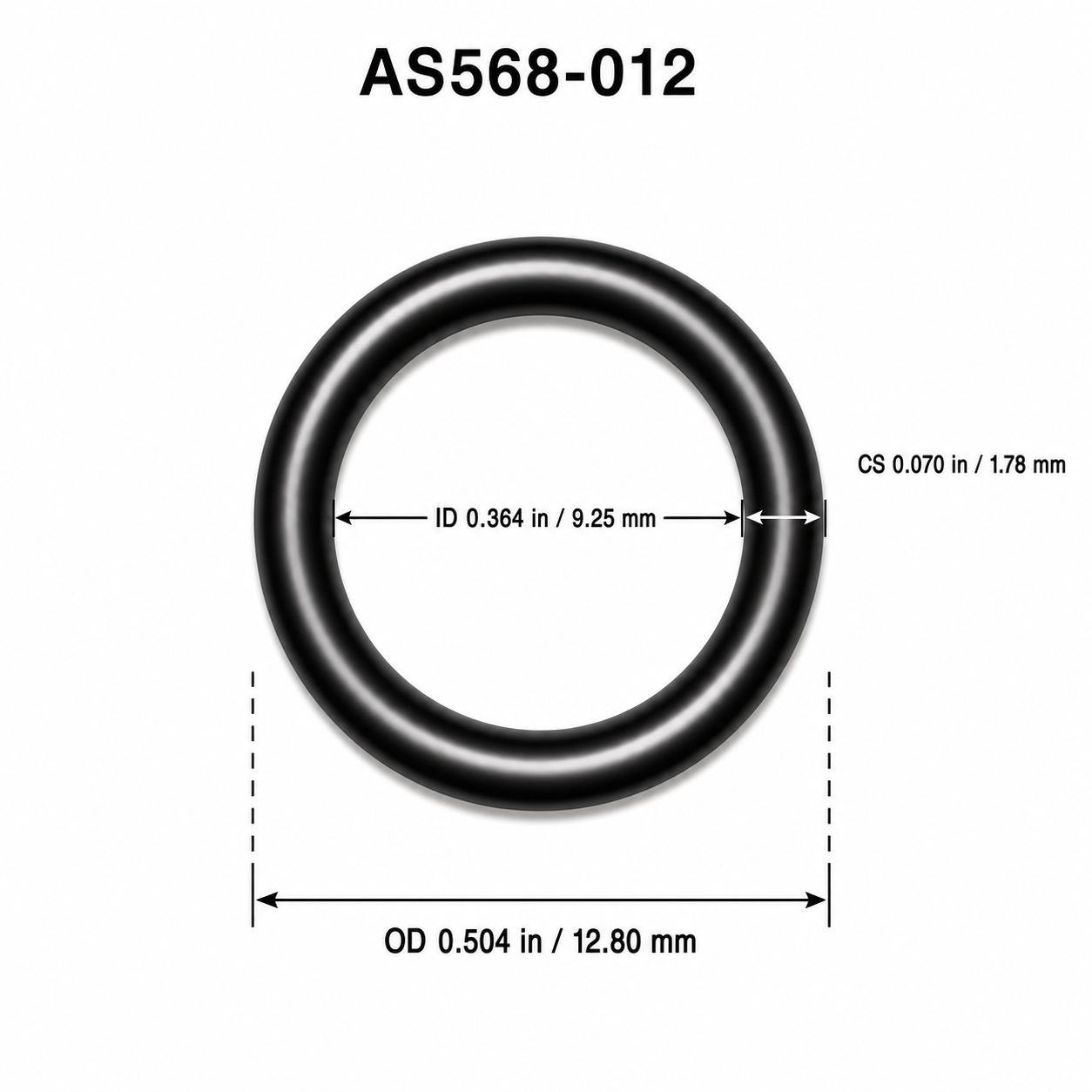 AS568-012 O-ring dimensional diagram: ID 0.364 in / 9.25 mm, CS 0.070 in / 1.78 mm, OD 0.504 in / 12.80 mm