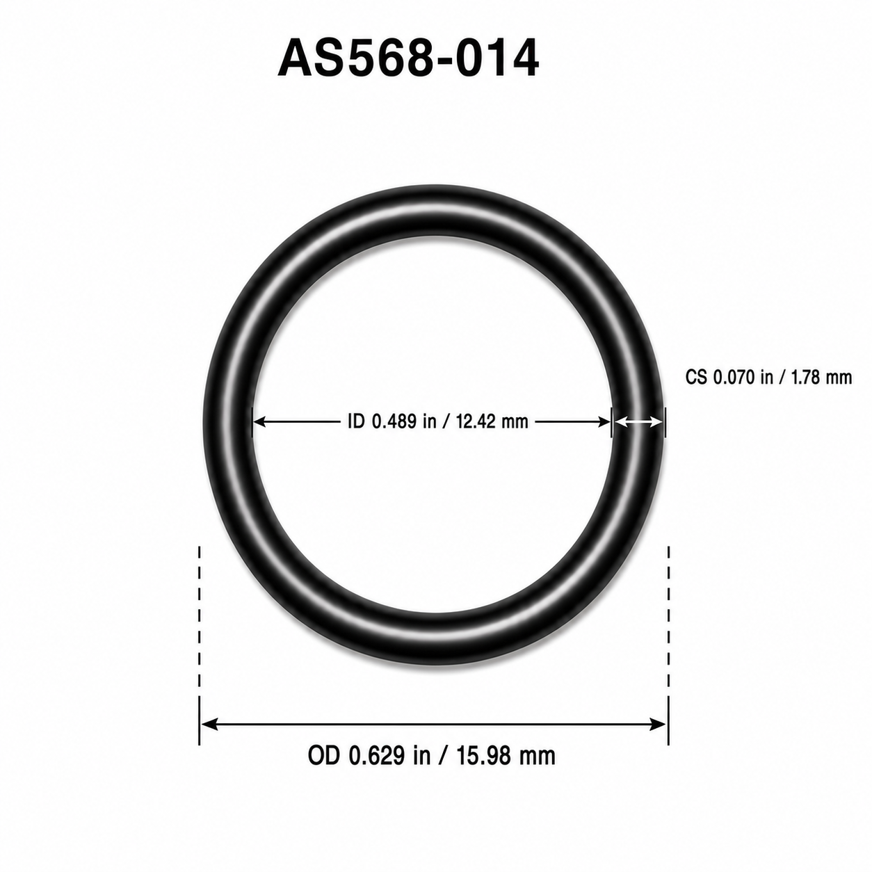 AS568-014 O-ring dimensional diagram: ID 0.489 in / 12.42 mm, CS 0.070 in / 1.78 mm, OD 0.629 in / 15.98 mm