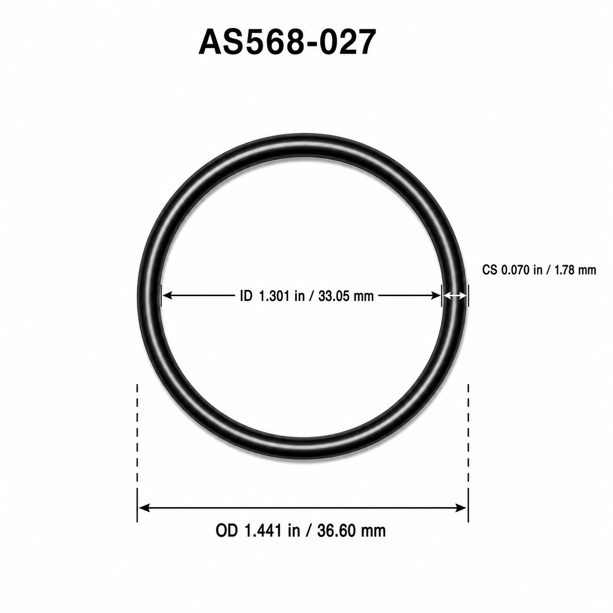 AS568-027 O-ring dimensional diagram: ID 1.301 in / 33.05 mm, CS 0.070 in / 1.78 mm, OD 1.441 in / 36.60 mm