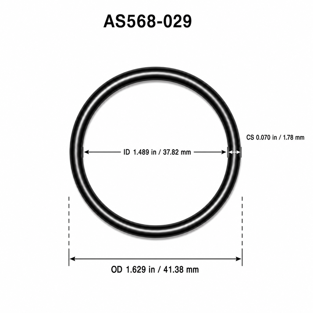 AS568-029 O-ring dimensional diagram: ID 1.489 in / 37.82 mm, CS 0.070 in / 1.78 mm, OD 1.629 in / 41.38 mm