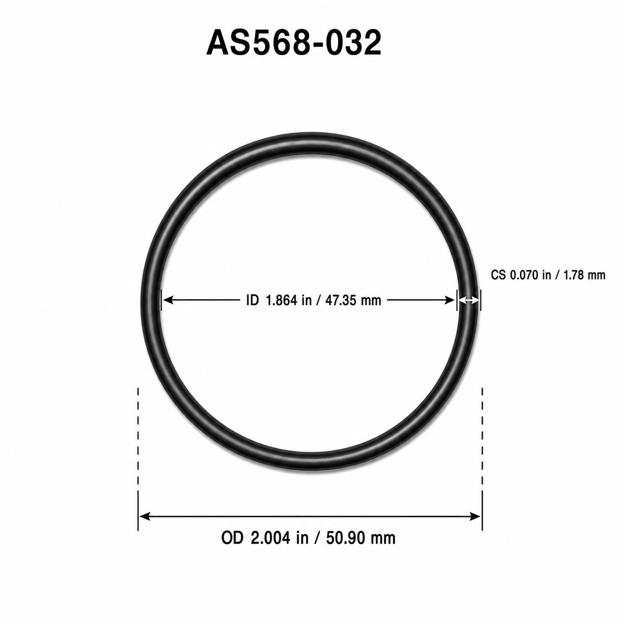 AS568-032 O-ring dimensional diagram: ID 1.864 in / 47.35 mm, CS 0.070 in / 1.78 mm, OD 2.004 in / 50.90 mm