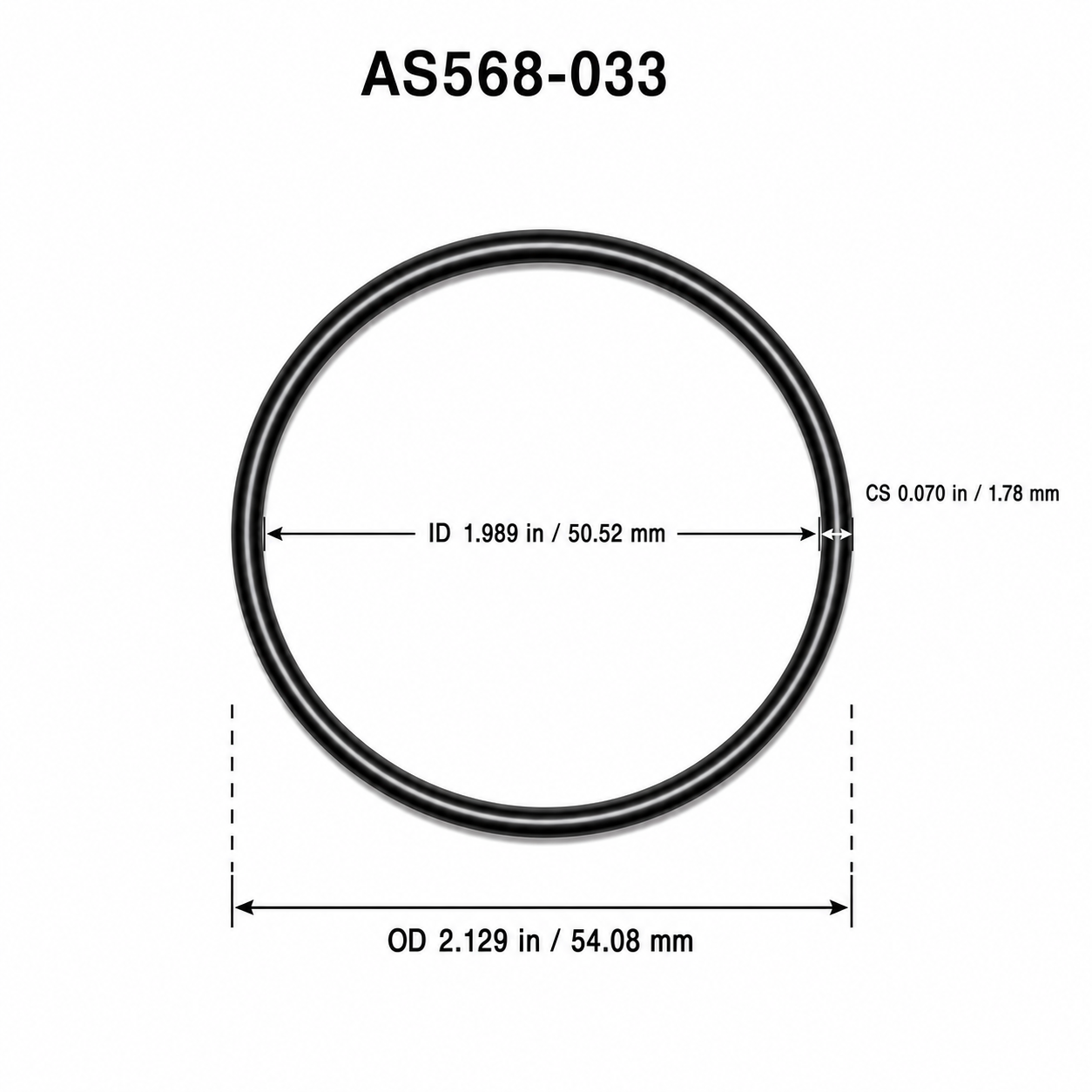 AS568-033 O-ring dimensional diagram: ID 1.989 in / 50.52 mm, CS 0.070 in / 1.78 mm, OD 2.129 in / 54.08 mm
