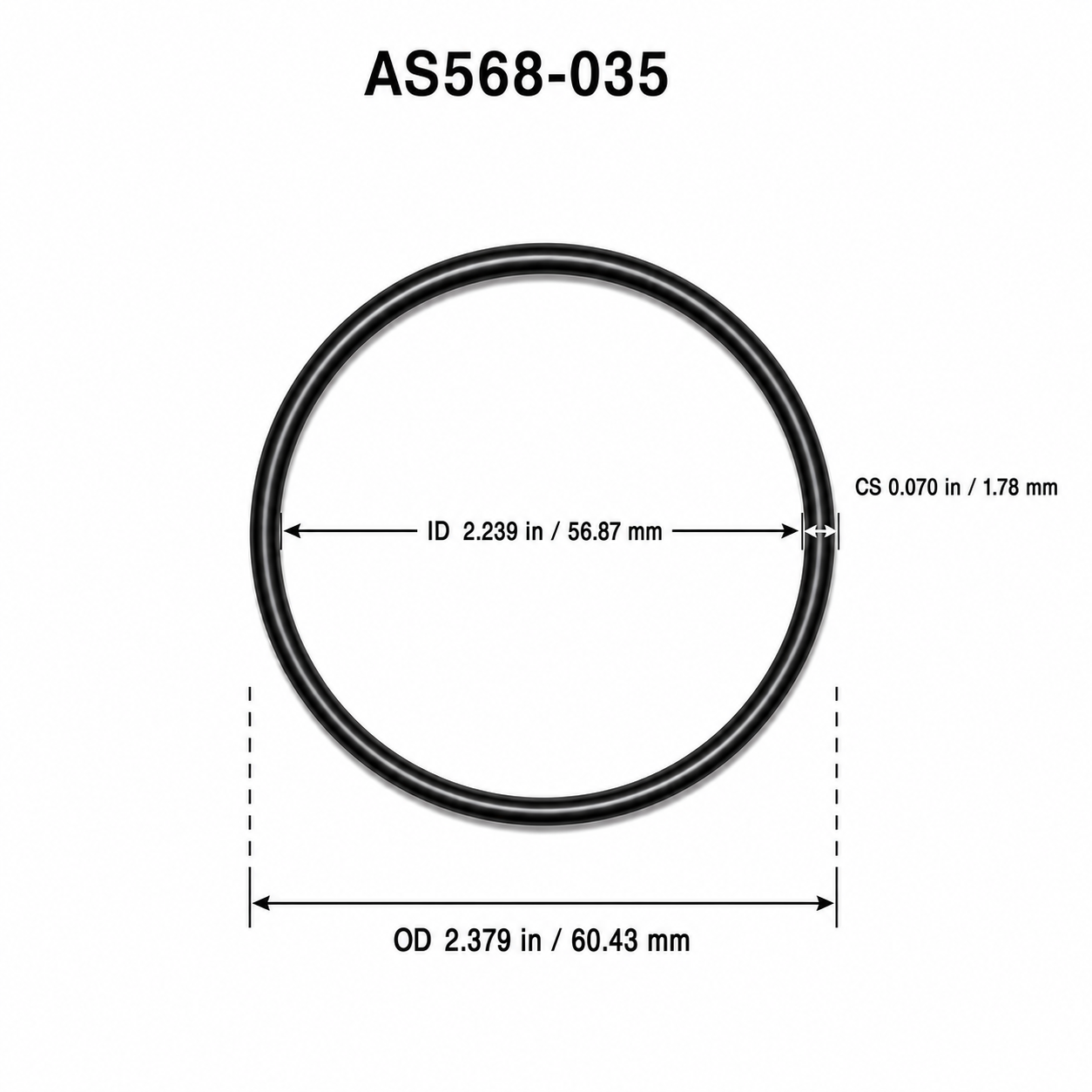 AS568-035 O-ring dimensional diagram: ID 2.239 in / 56.87 mm, CS 0.070 in / 1.78 mm, OD 2.379 in / 60.43 mm