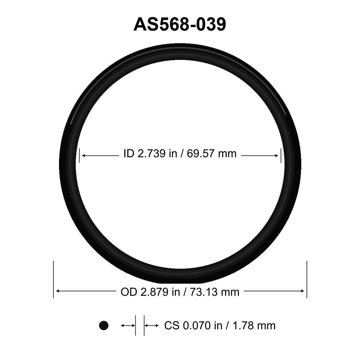 AS568-039 O-Ring – 2.739 in ID × 0.070 in CS – dimensional diagram showing ID, OD and cross-section