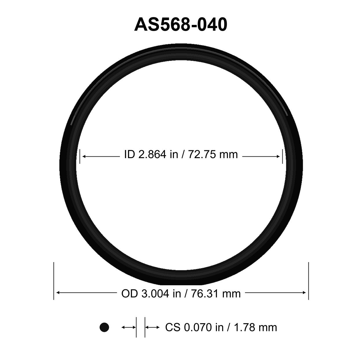 AS568-040 O-Ring – 2.864 in ID × 0.070 in CS – dimensional diagram showing ID, OD and cross-section