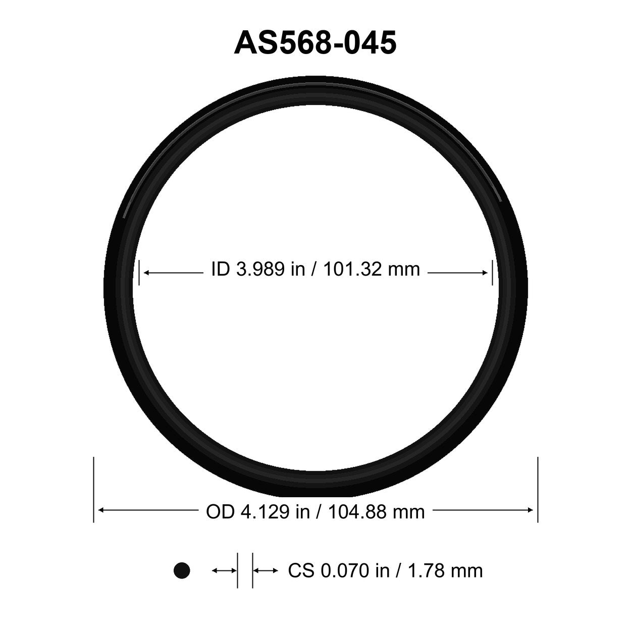 AS568-045 O-Ring – 3.989 in ID × 0.070 in CS – dimensional diagram showing ID, OD and cross-section
