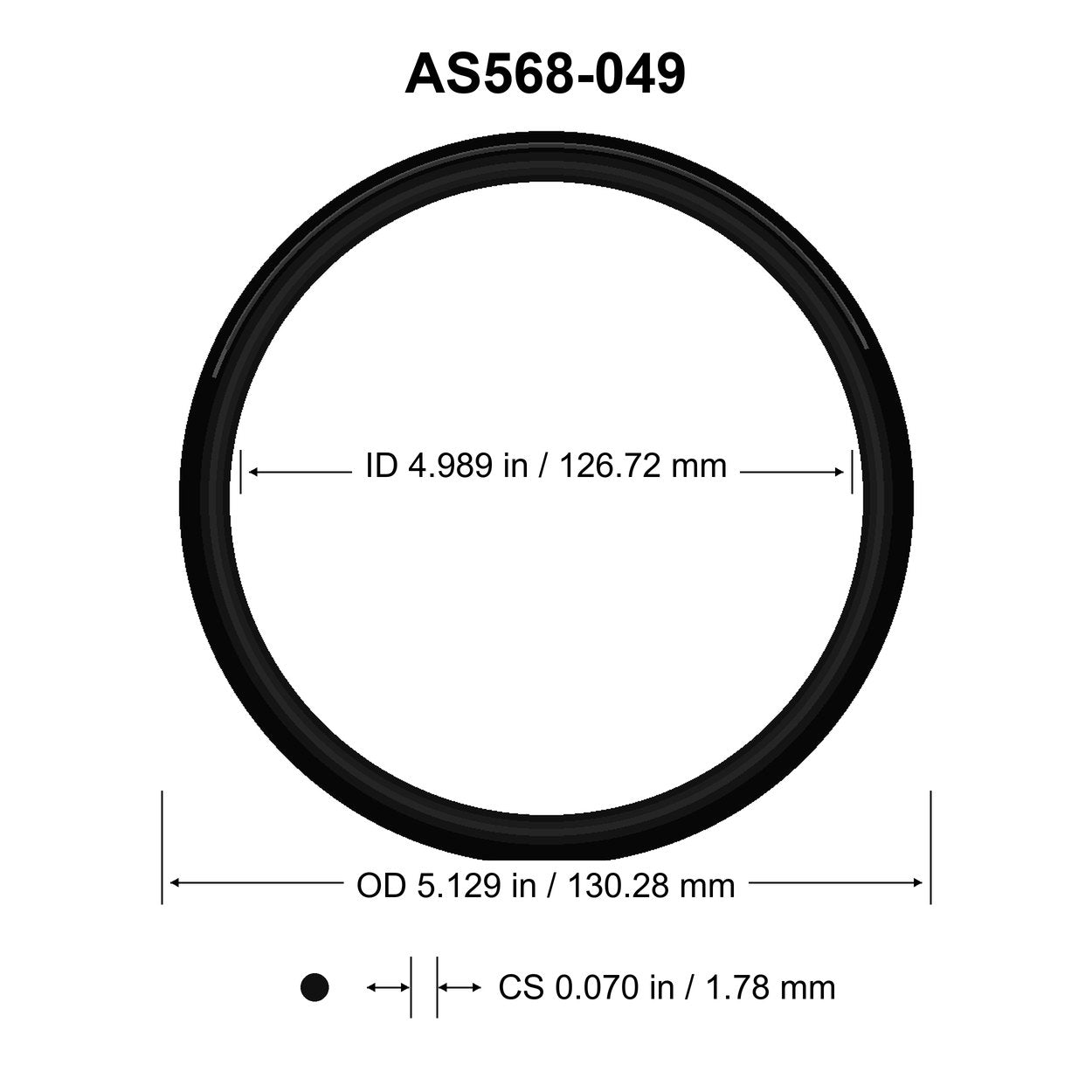 AS568-049 O-Ring – 4.989 in ID × 0.070 in CS – dimensional diagram showing ID, OD and cross-section