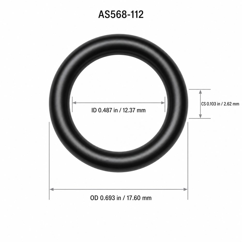 AS568-112 smooth black O-ring with ID, OD and cross-section dimensions