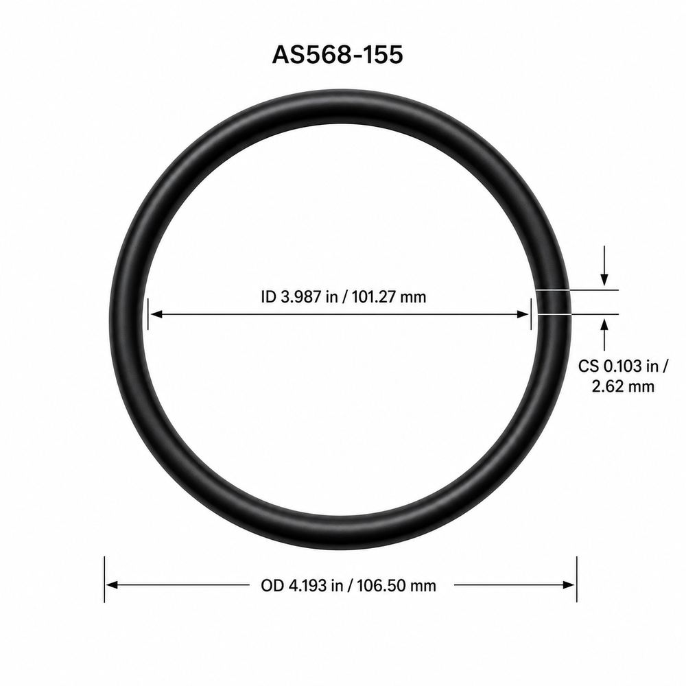 AS568-155 smooth black O-ring with ID, OD and cross-section dimensions