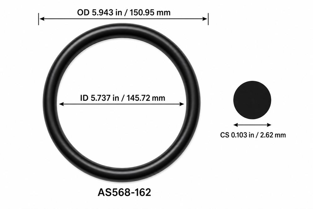 AS568-162 smooth black O-ring with ID, OD and separate cross-section dimensions