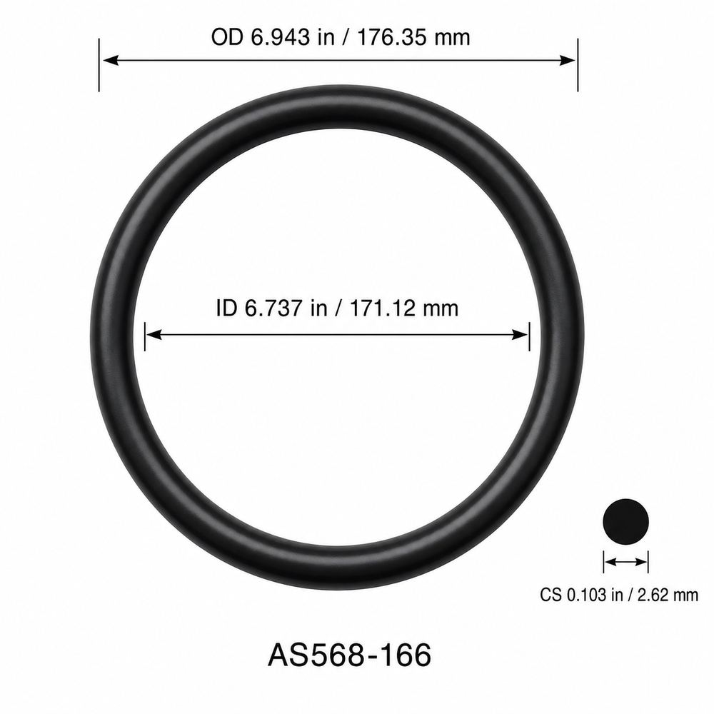 AS568-166 smooth black O-ring with ID, OD and separate cross-section dimensions