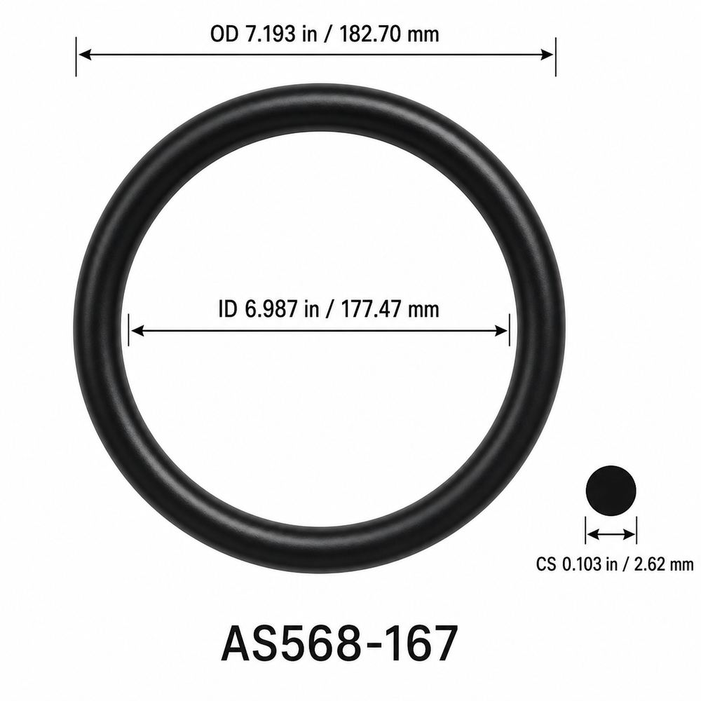 AS568-167 smooth black O-ring with ID, OD and separate cross-section dimensions
