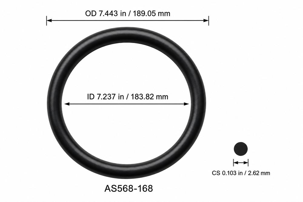 AS568-168 smooth black O-ring with ID, OD and separate cross-section dimensions
