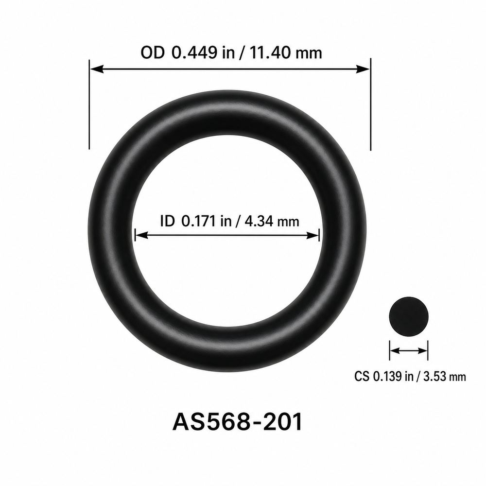 AS568-201 smooth black O-ring with ID, OD and separate cross-section dimensions