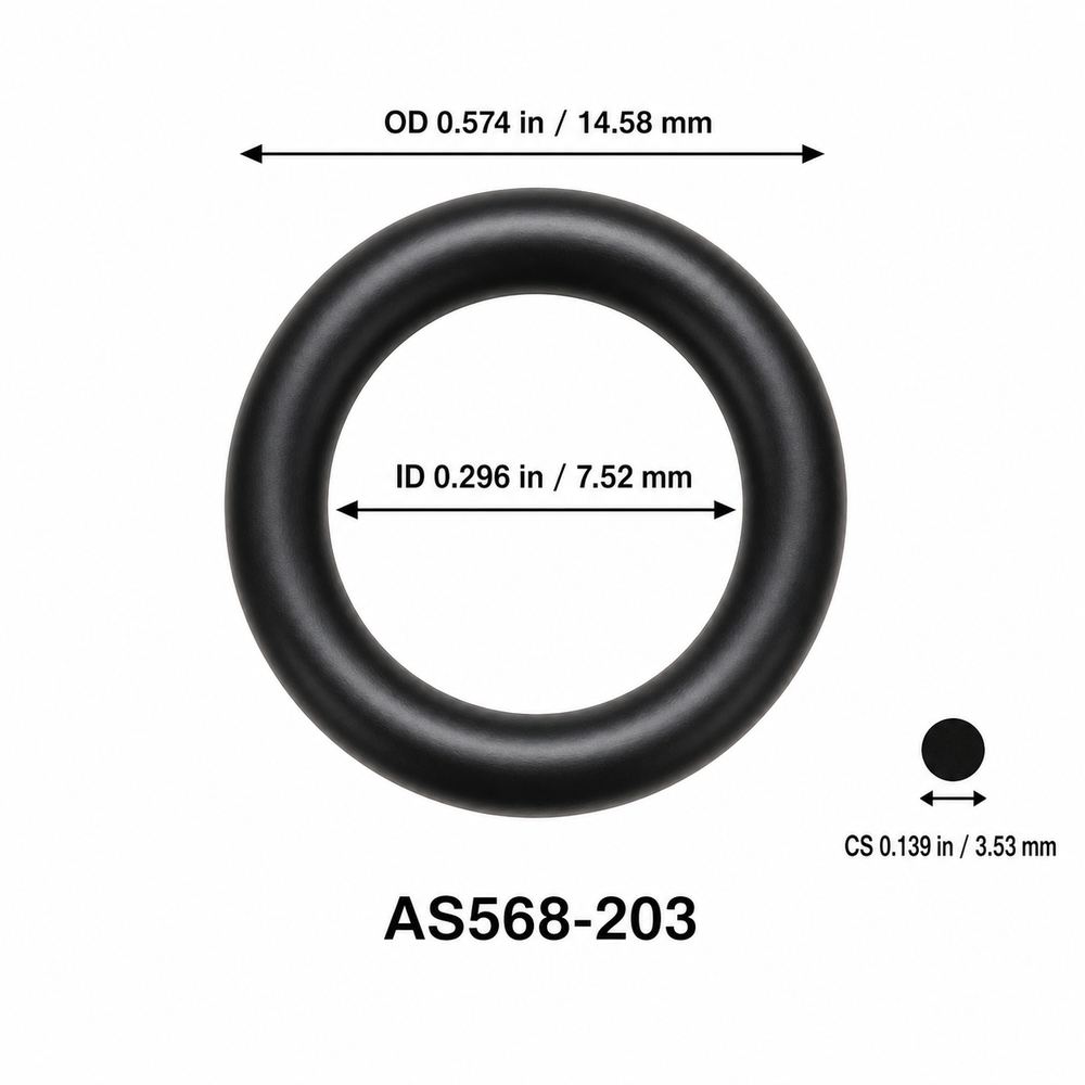 AS568-203 smooth black O-ring with ID, OD and separate cross-section dimensions