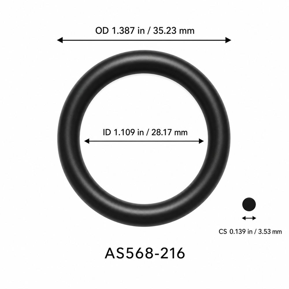 AS568-216 smooth black O-ring with ID, OD and separate cross-section dimensions