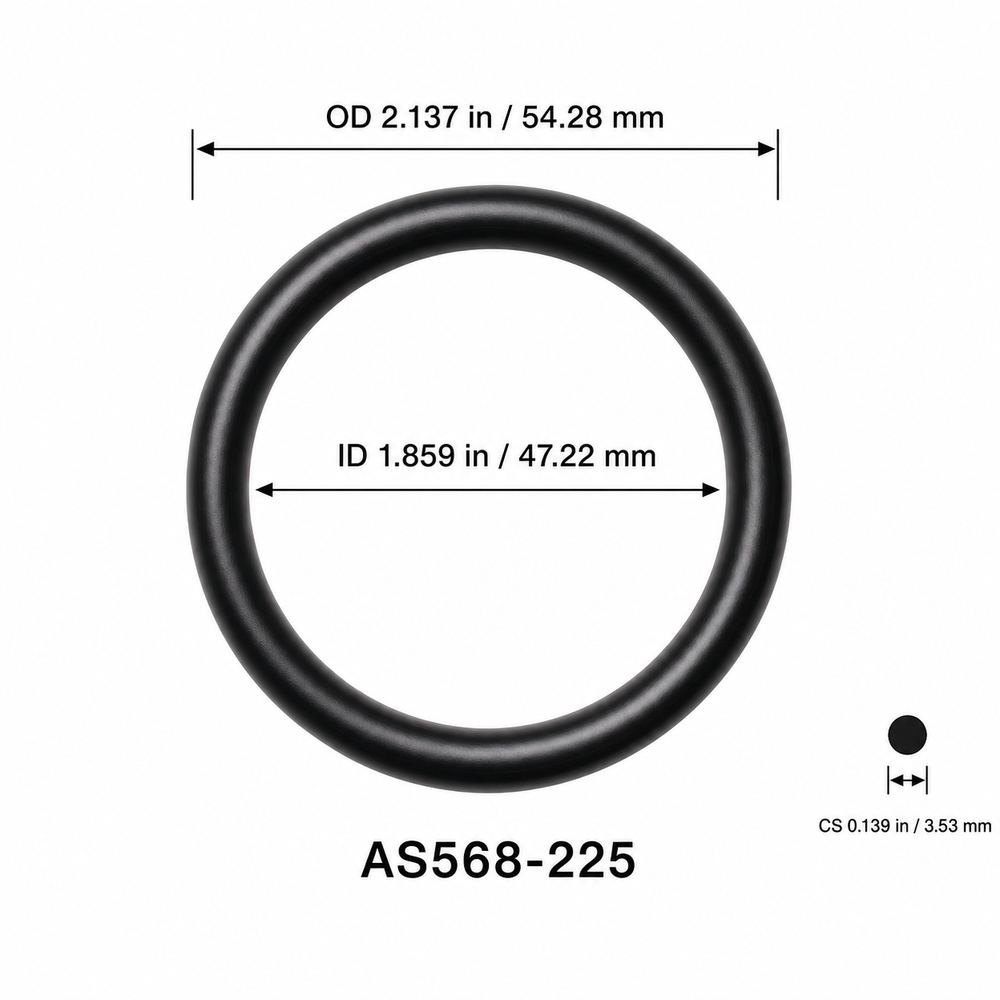 AS568-225 smooth black O-ring with ID, OD and separate cross-section dimensions