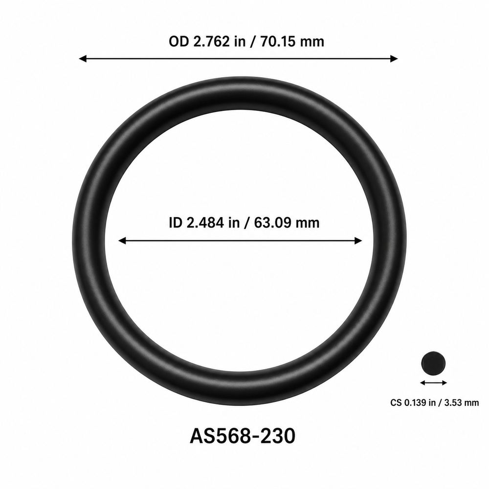 AS568-230 smooth black O-ring with ID, OD and separate cross-section dimensions