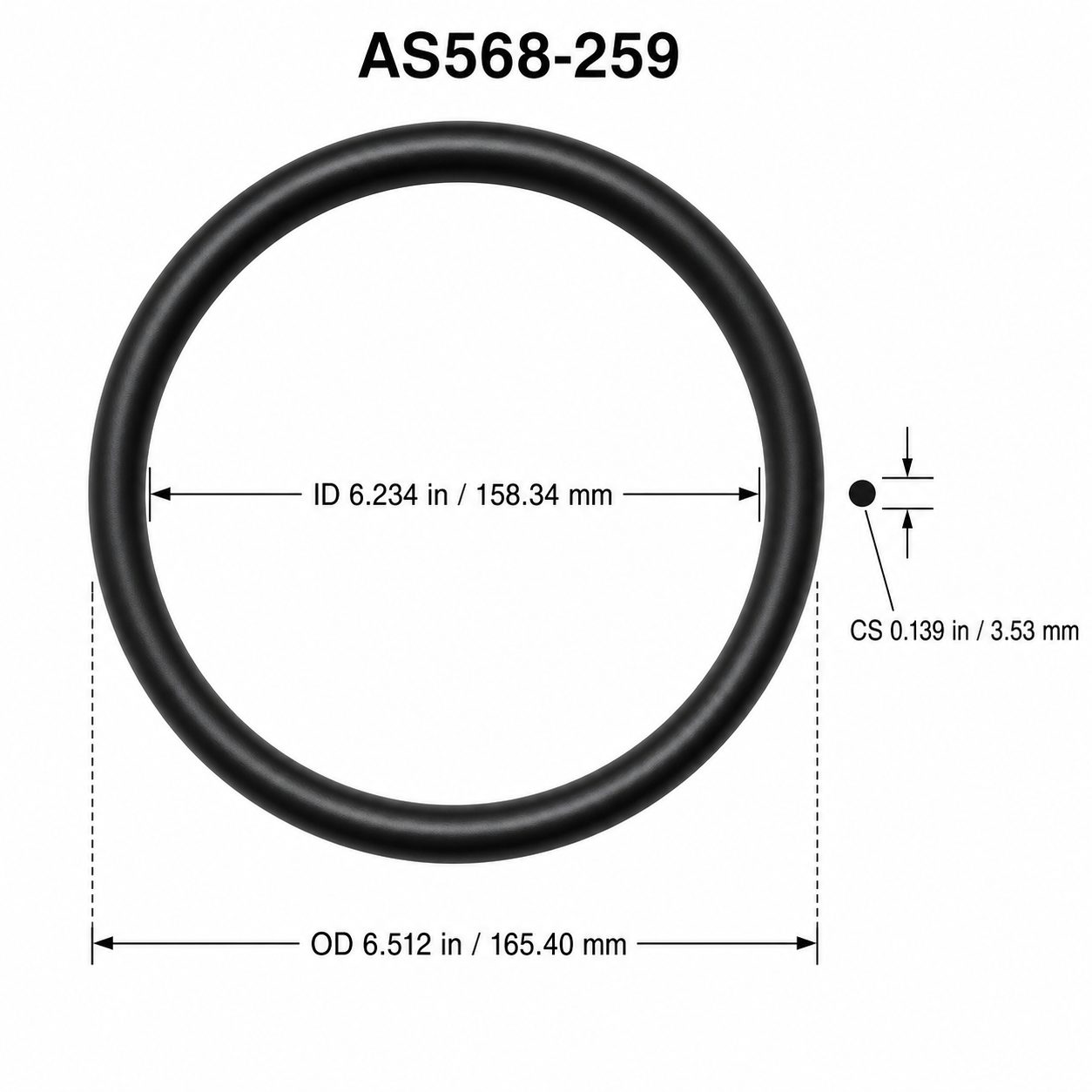 AS568-259 O-Ring – 6.234 in ID × 0.139 in CS – dimensional diagram showing ID, OD and cross-section
