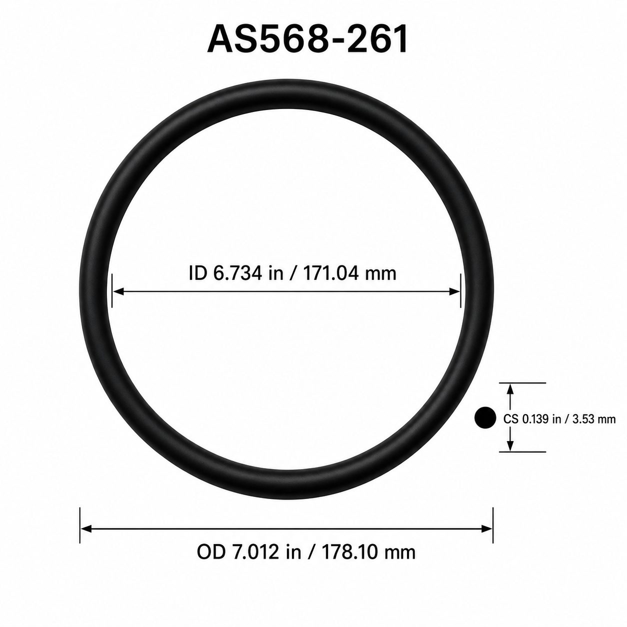 AS568-261 O-Ring – 6.734 in ID × 0.139 in CS – dimensional diagram showing ID, OD and cross-section