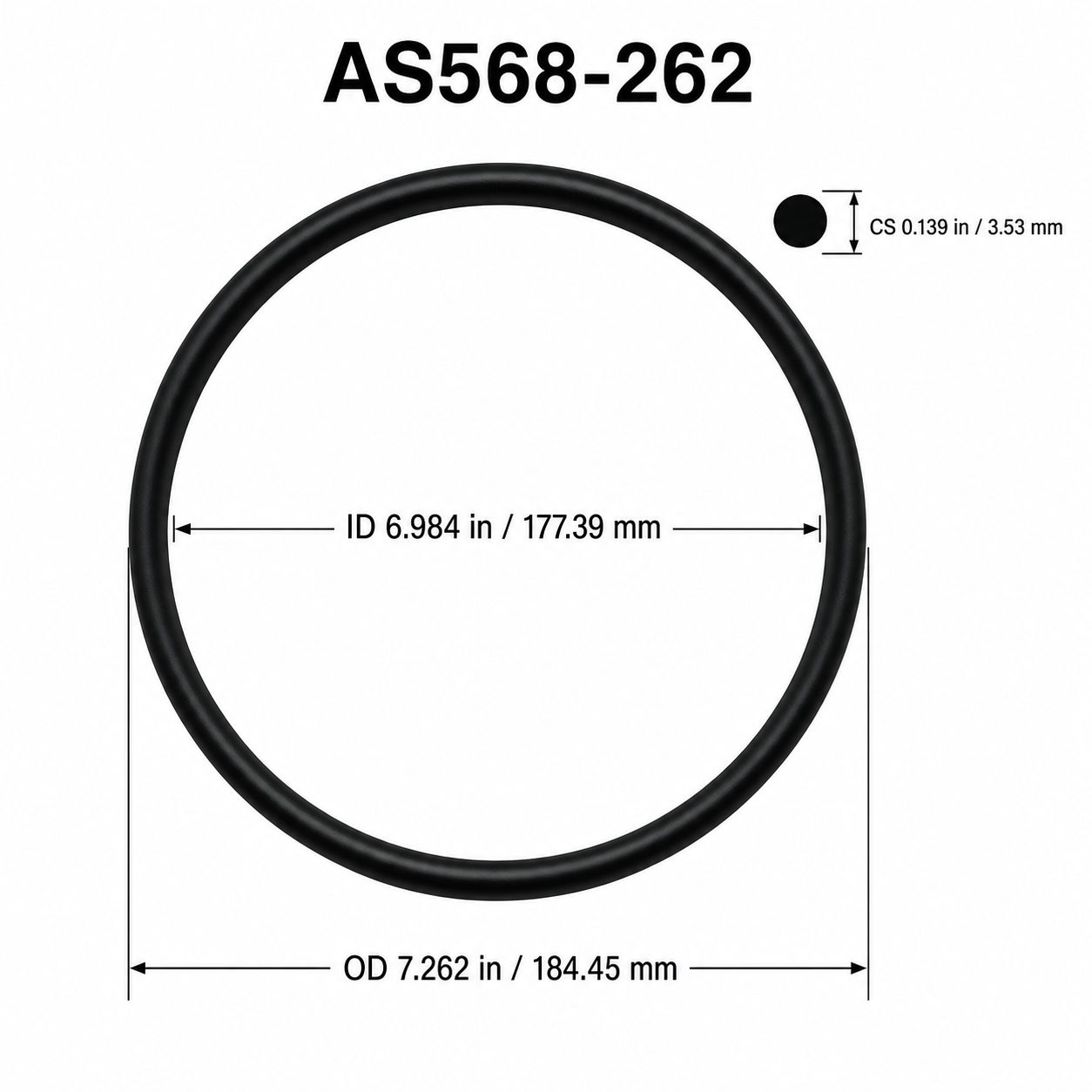 AS568-262 O-Ring – 6.984 in ID × 0.139 in CS – dimensional diagram showing ID, OD and cross-section