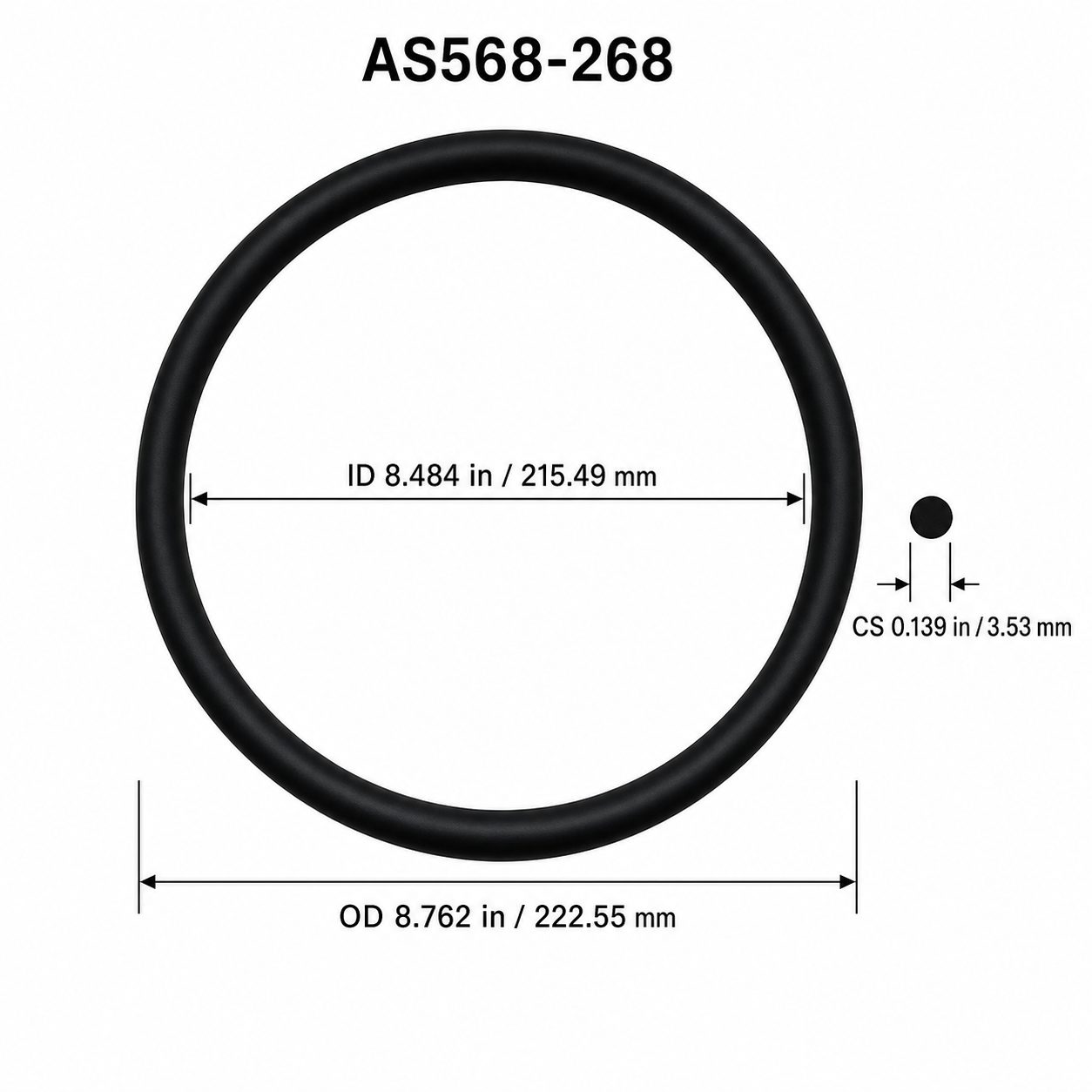 AS568-268 O-Ring – 8.484 in ID × 0.139 in CS – dimensional diagram showing ID, OD and cross-section