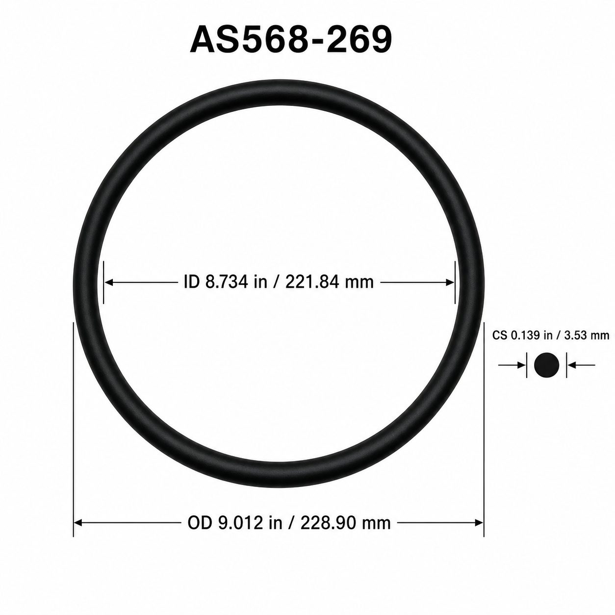 AS568-269 O-Ring – 8.734 in ID × 0.139 in CS – dimensional diagram showing ID, OD and cross-section