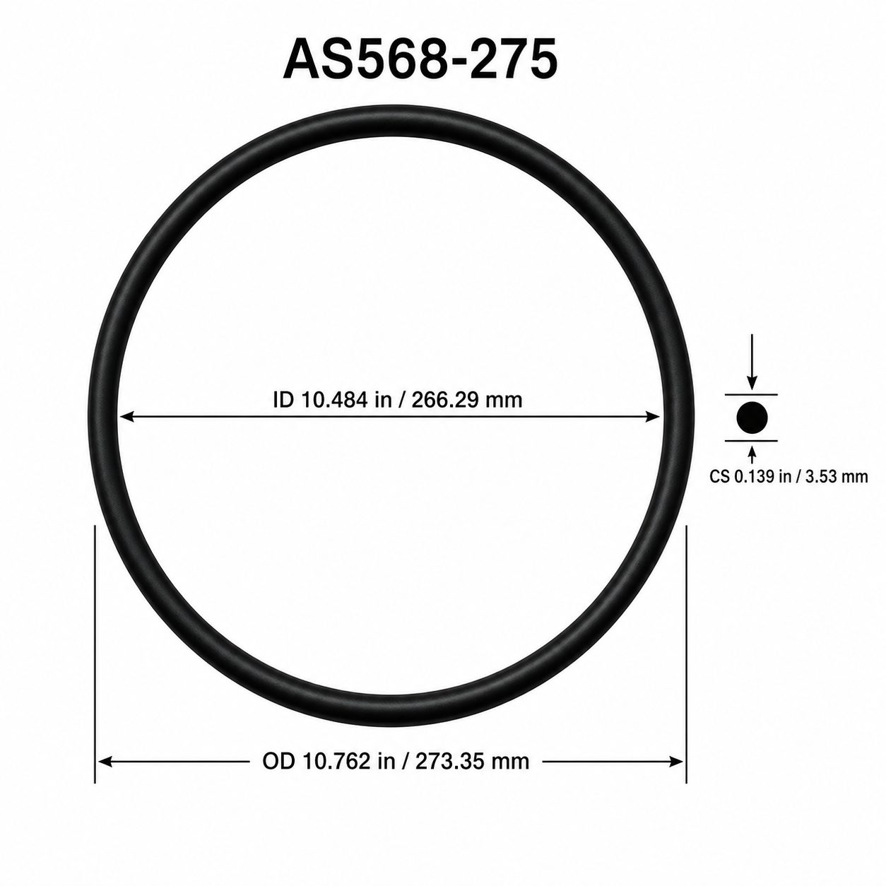 AS568-275 O-Ring – 10.484 in ID × 0.139 in CS – dimensional diagram showing ID, OD and cross-section