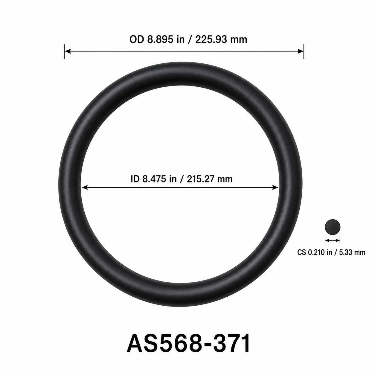 AS568-371 O-Ring – 8.475 in ID × 0.210 in CS – dimensional diagram showing ID, OD and cross-section