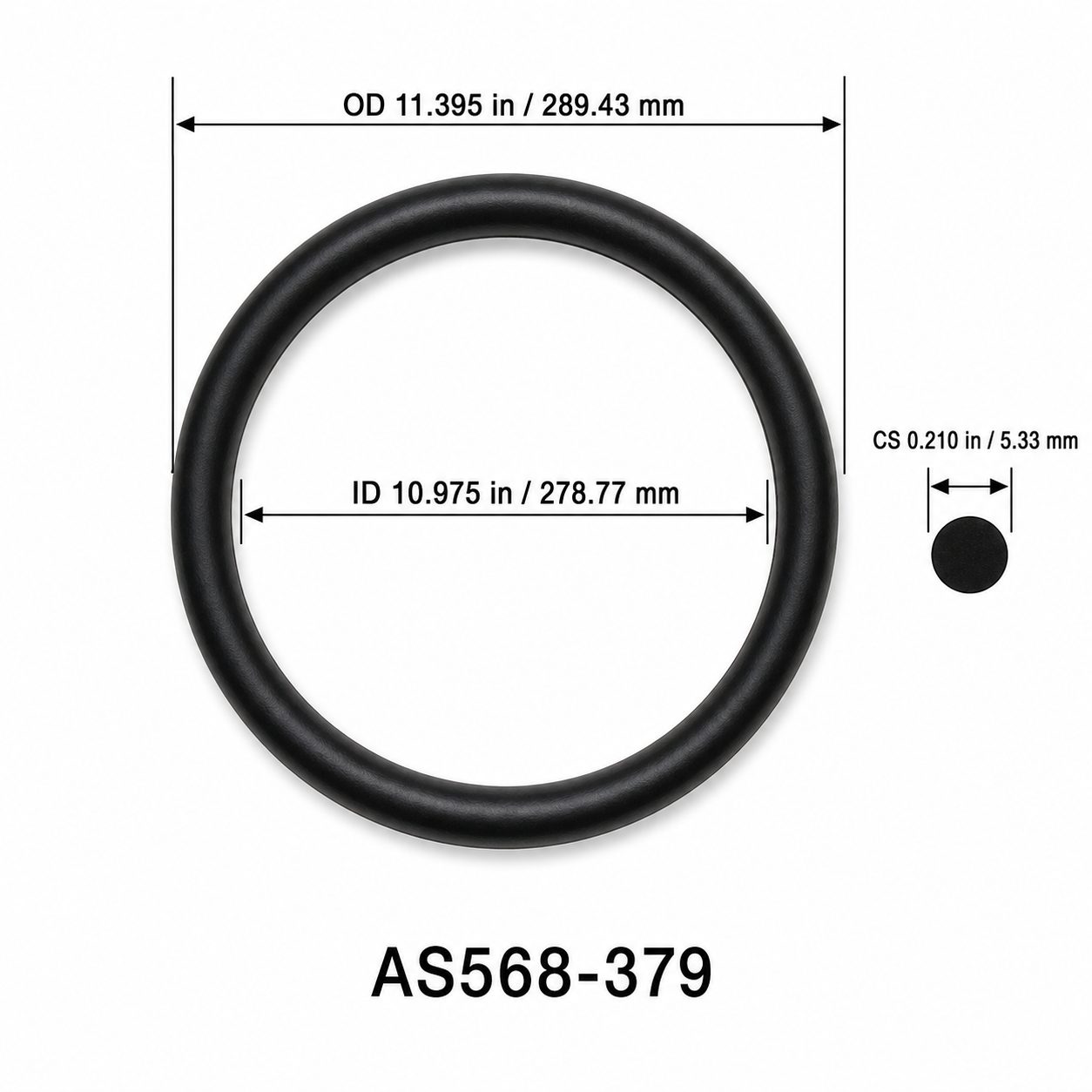 AS568-379 O-Ring – 10.975 in ID × 0.210 in CS – dimensional diagram showing ID, OD and cross-section