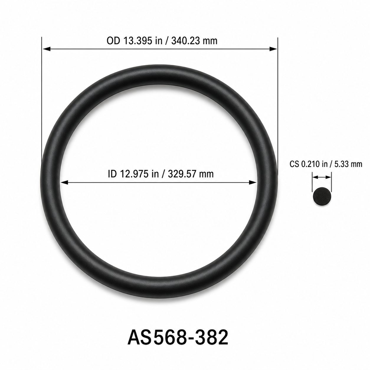 AS568-382 O-Ring – 12.975 in ID × 0.210 in CS – dimensional diagram showing ID, OD and cross-section