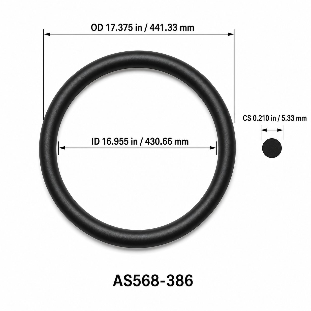 AS568-386 O-Ring – 16.955 in ID × 0.210 in CS – dimensional diagram showing ID, OD and cross-section