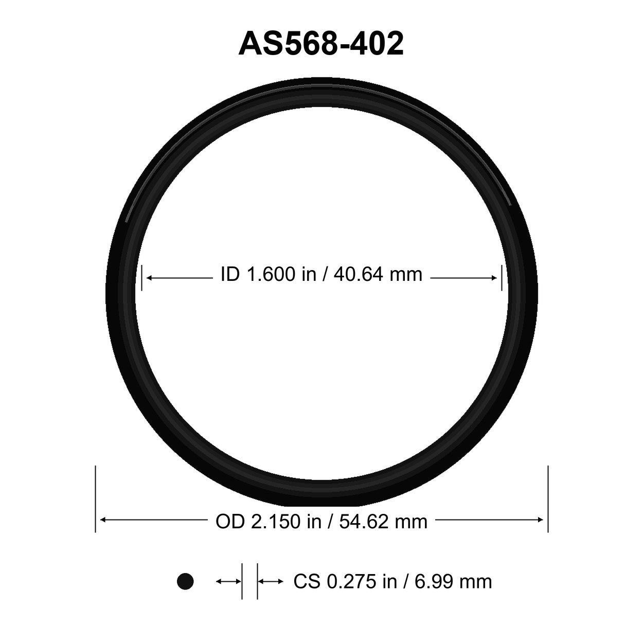 AS568-402 O-Ring – 1.600 in ID × 0.275 in CS – dimensional diagram showing ID, OD and cross-section