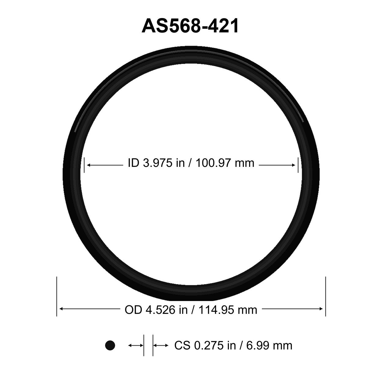 AS568-421 O-Ring – 3.975 in ID × 0.275 in CS – dimensional diagram showing ID, OD and cross-section