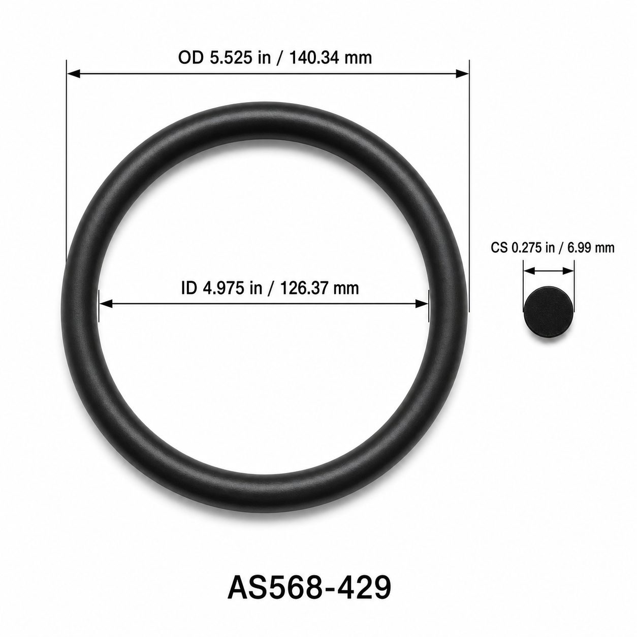 AS568-429 O-Ring – 4.975 in ID × 0.275 in CS – dimensional diagram showing ID, OD and cross-section