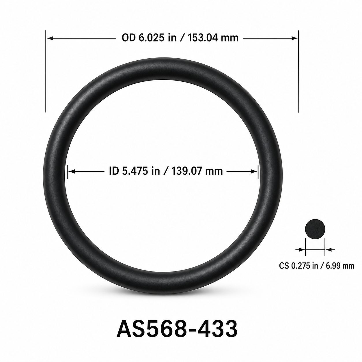 AS568-433 O-Ring – 5.475 in ID × 0.275 in CS – dimensional diagram showing ID, OD and cross-section