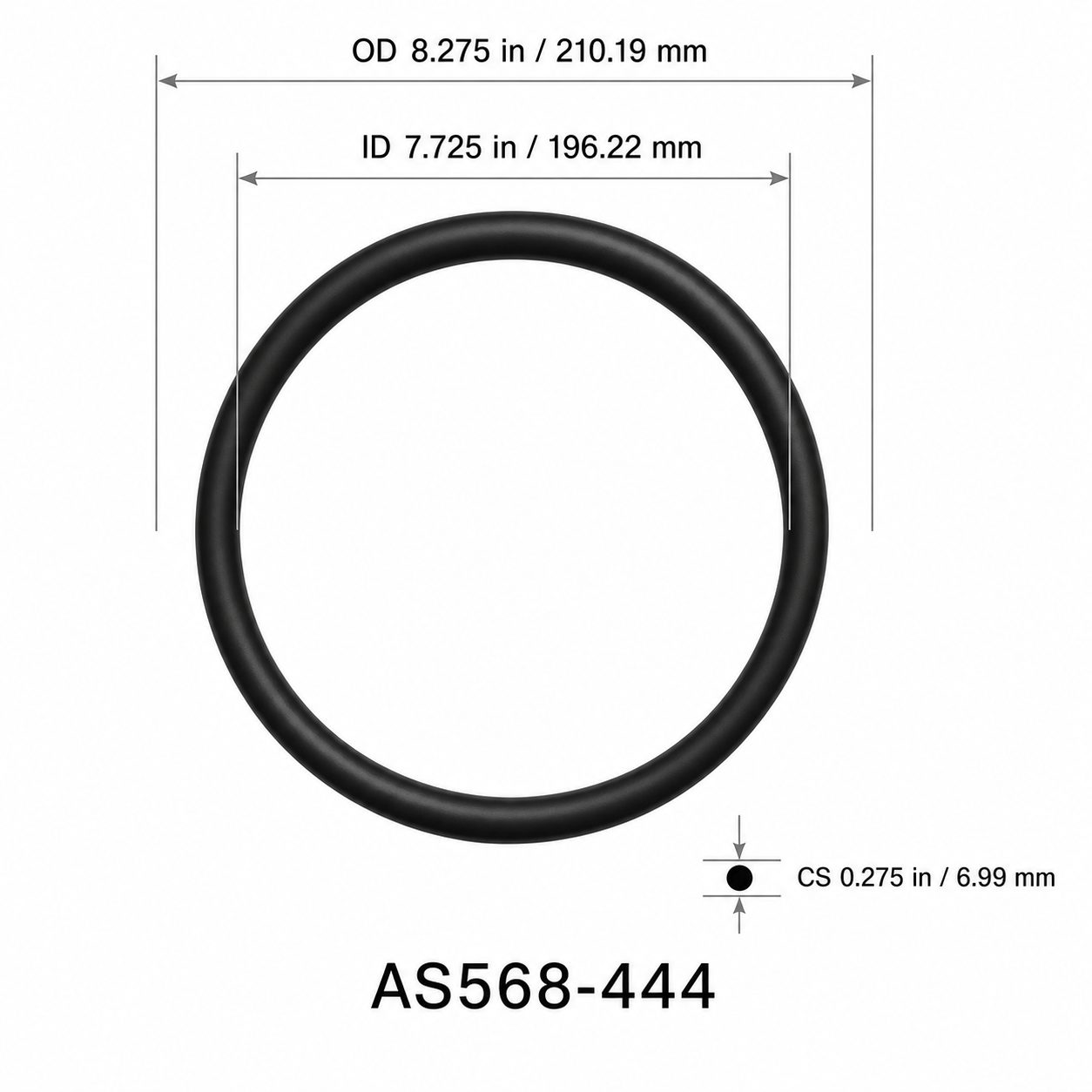 AS568-444 O-Ring – 7.725 in ID × 0.275 in CS – dimensional diagram showing ID, OD and cross-section
