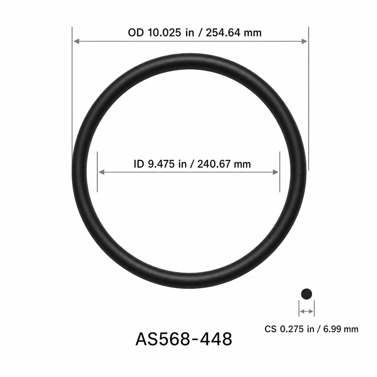 AS568-448 O-Ring – 9.475 in ID × 0.275 in CS – dimensional diagram showing ID, OD and cross-section