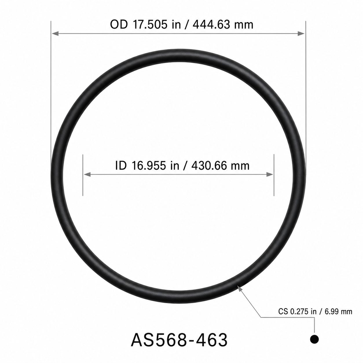 AS568-463 O-Ring – 16.955 in ID × 0.275 in CS – dimensional diagram showing ID, OD and cross-section