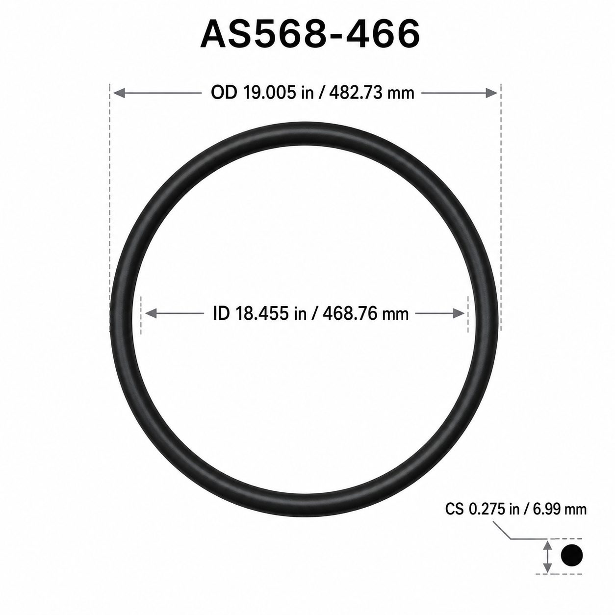 AS568-466 O-Ring – 18.455 in ID × 0.275 in CS – dimensional diagram showing ID, OD and cross-section