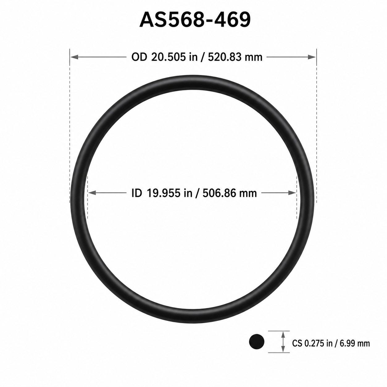AS568-469 O-Ring – 19.955 in ID × 0.275 in CS – dimensional diagram showing ID, OD and cross-section