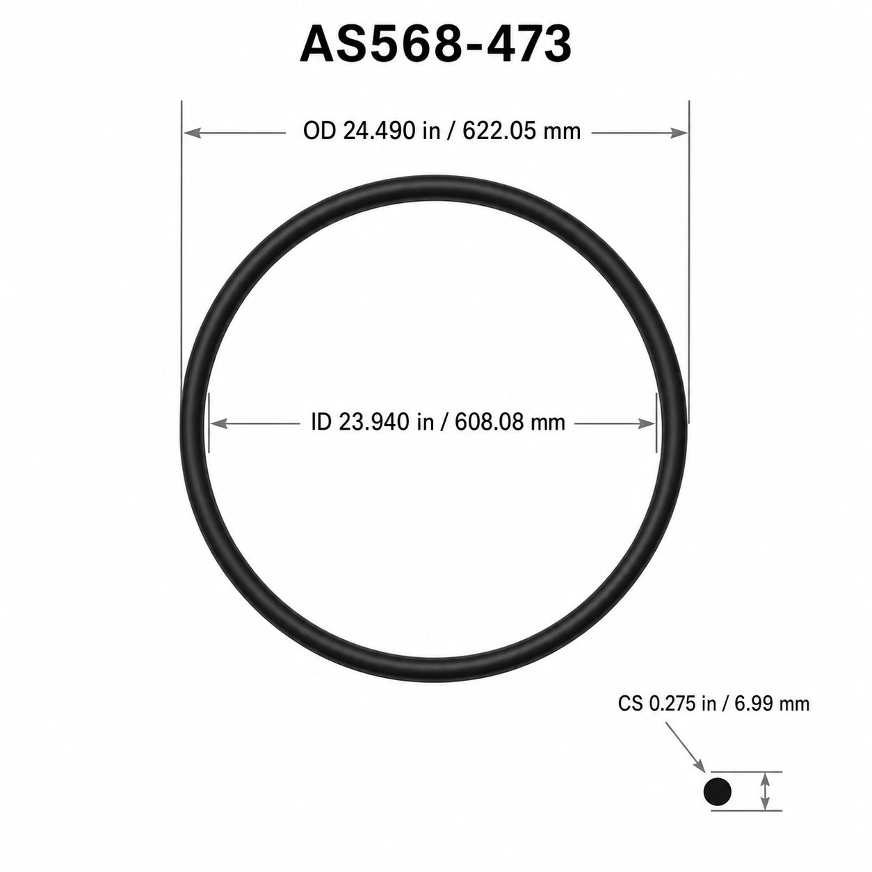 AS568-473 O-Ring – 23.940 in ID × 0.275 in CS – dimensional diagram showing ID, OD and cross-section