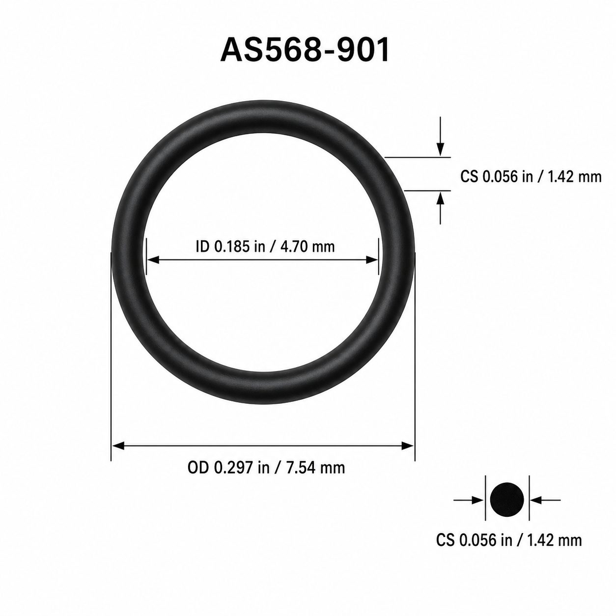 AS568-901 O-Ring Boss Seal – 0.185 in ID × 0.056 in CS – dimensional diagram showing ID, OD and cross-section