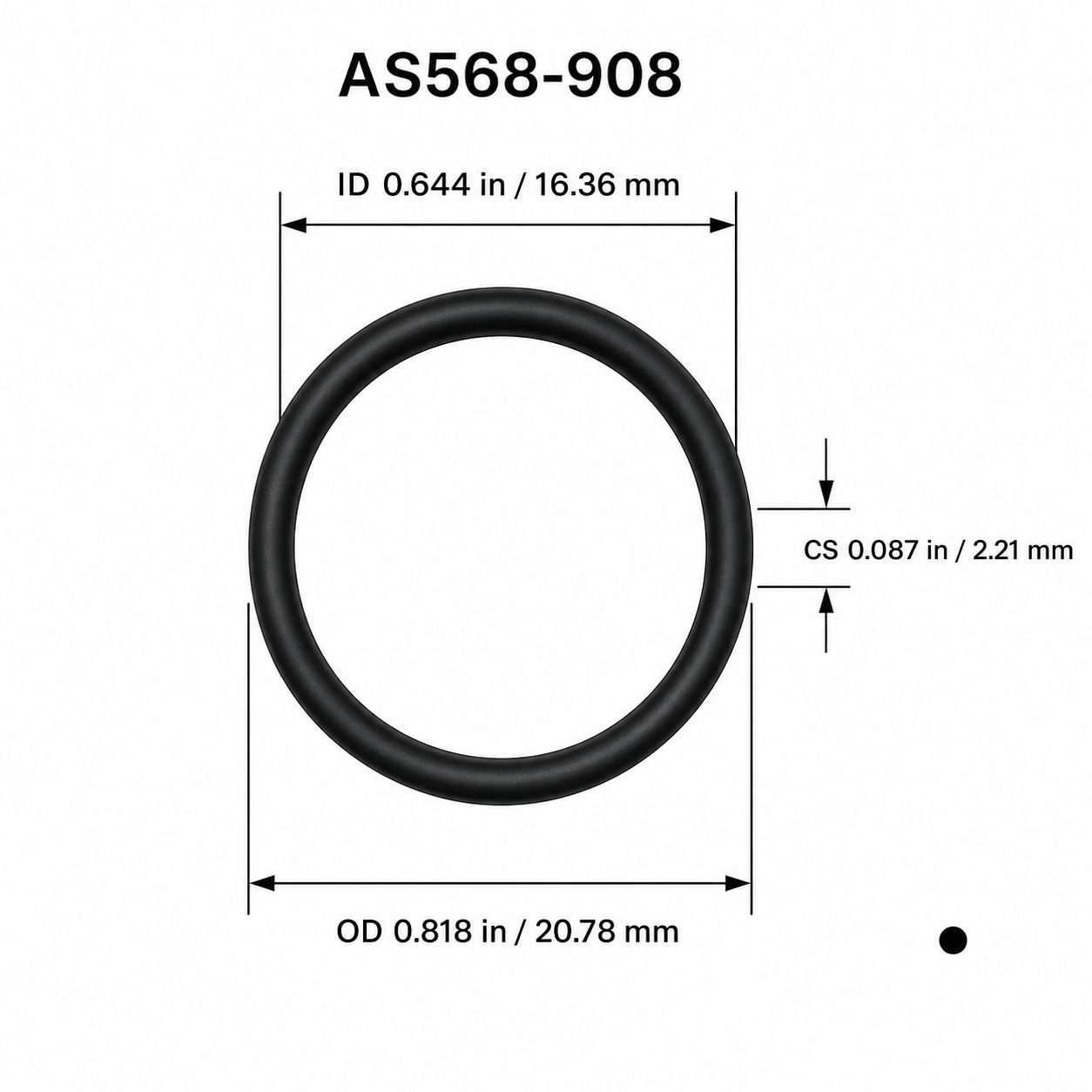 AS568-908 O-Ring Boss Seal – 0.644 in ID × 0.087 in CS – dimensional diagram showing ID, OD and cross-section