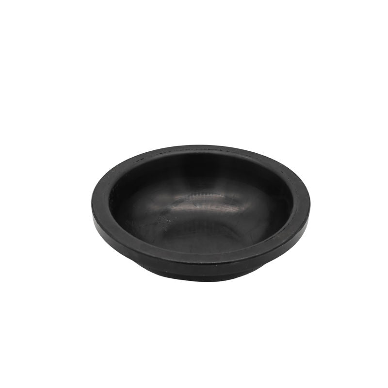 Black molded rubber pump diaphragm on a white background