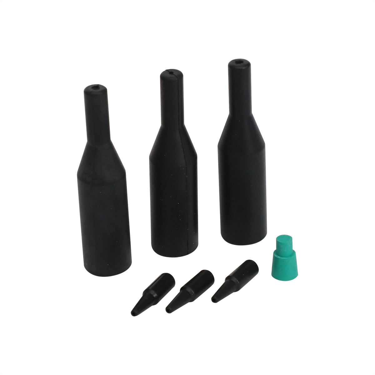 Assorted black molded rubber cable boots with tapered profiles