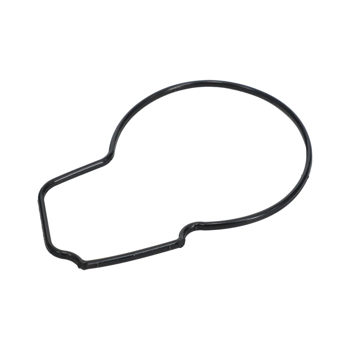Black spliced round-cord rubber gasket with a circular perimeter and short rectangular extension